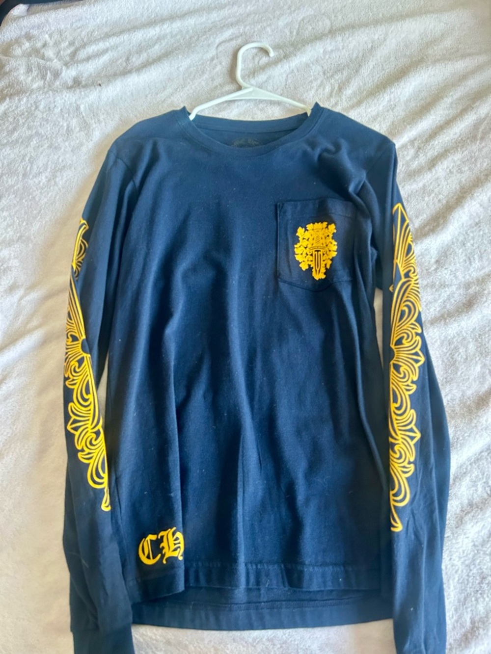 Chrome Hearts Navy Long-Sleeve Tee with Yellow Sleeve and Pocket Graphics